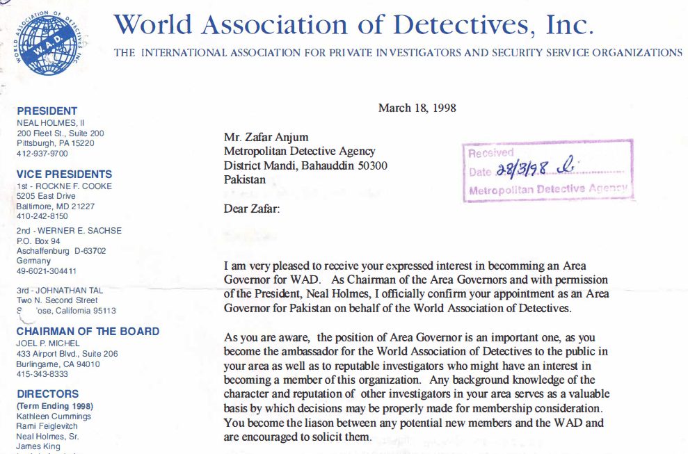 The Area Governor appointment letter, issued to Zafar Anjum by World Association of Detectives, 1998